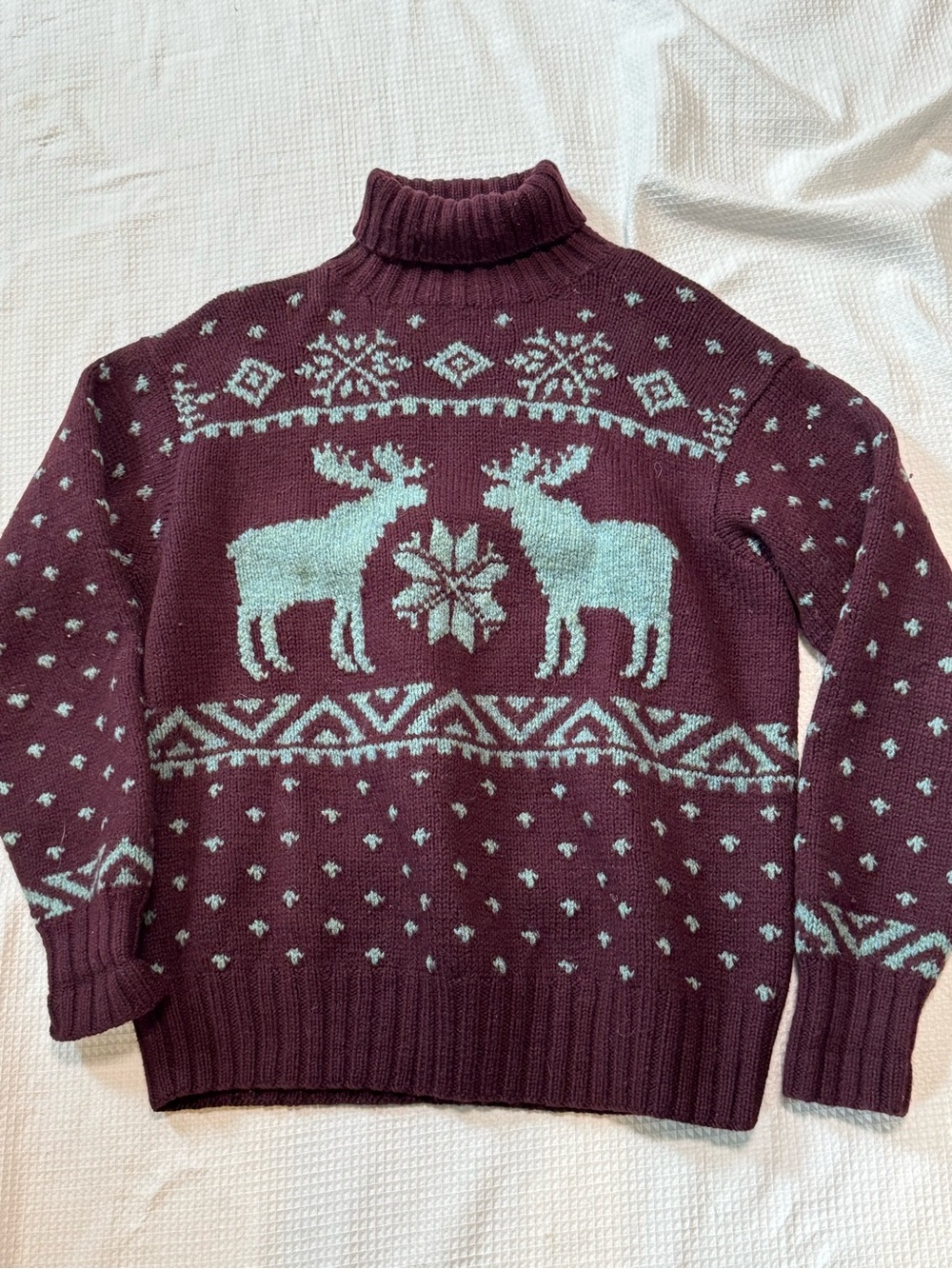 Ralph Lauren Burgundy and Light Blue Reindeer Turtleneck Sweater hand knit
